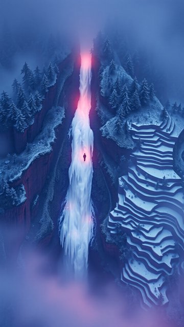Mystical Glowing Frozen Waterfall Winter Mountain