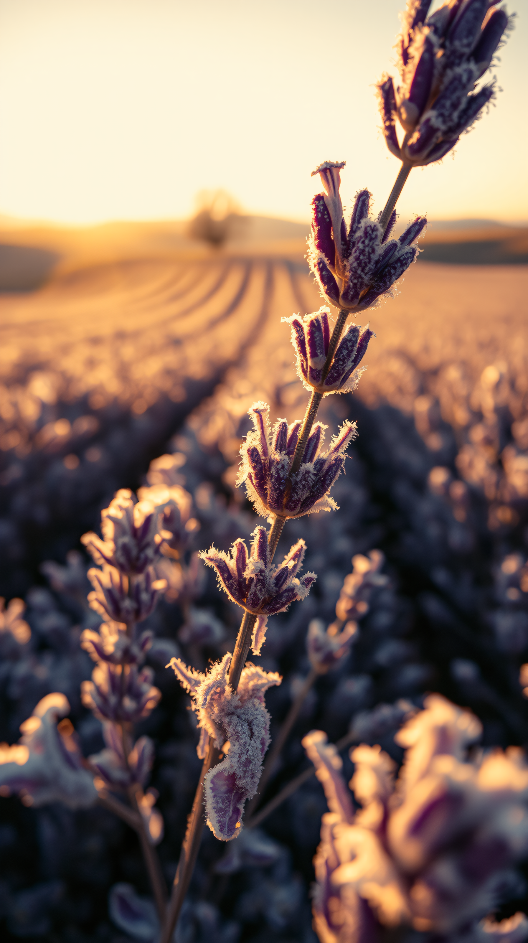 Frosty Lavender Glow at Sunrise Field Wallpaper, frosty lavender, sunrise glow, winter field, nature photography, macro, purple flower