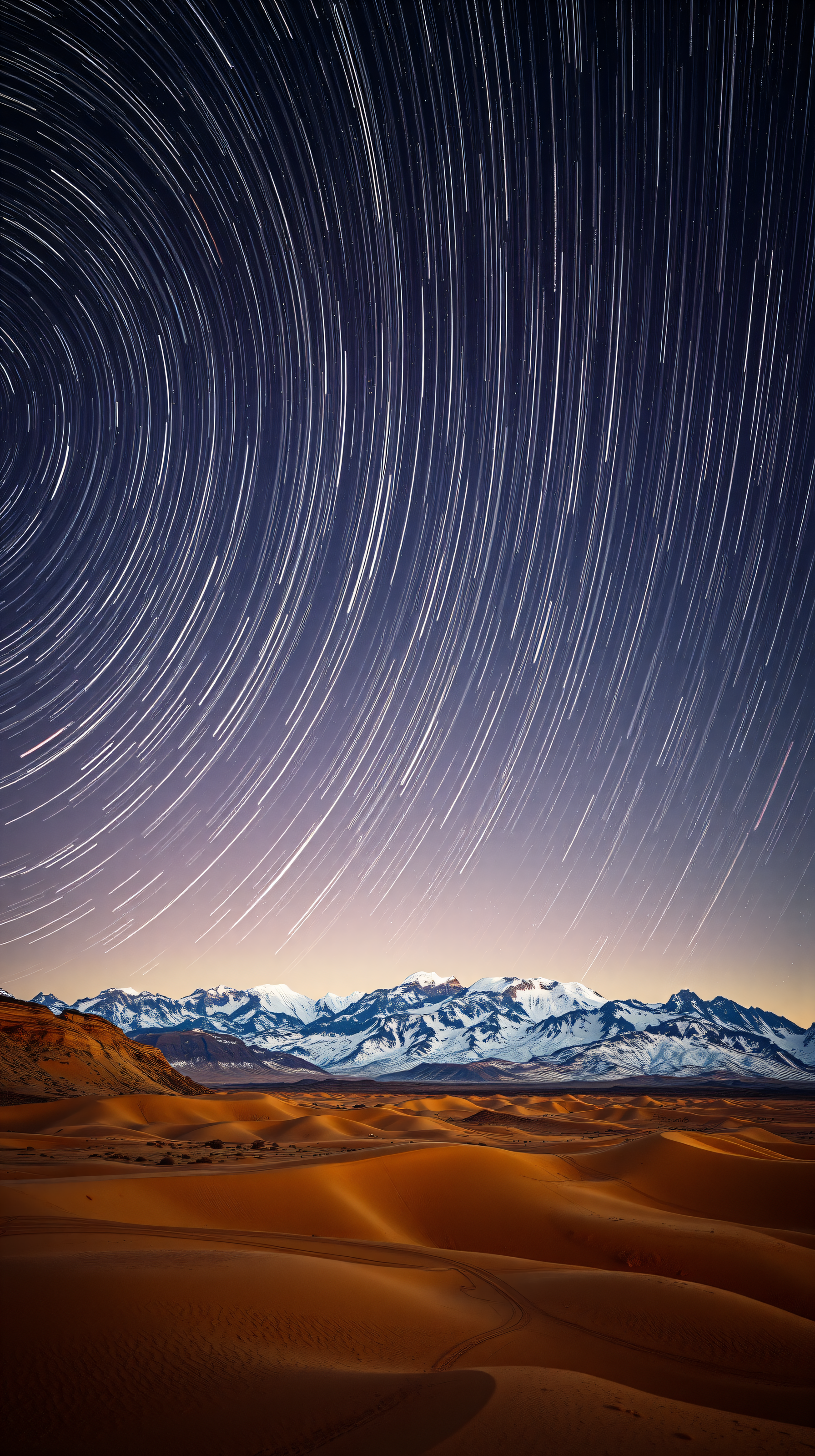 Star Trails Over Desert Dunes & Snowy Mountains, star trails, night sky, desert, sand dunes, snowy mountains, nature