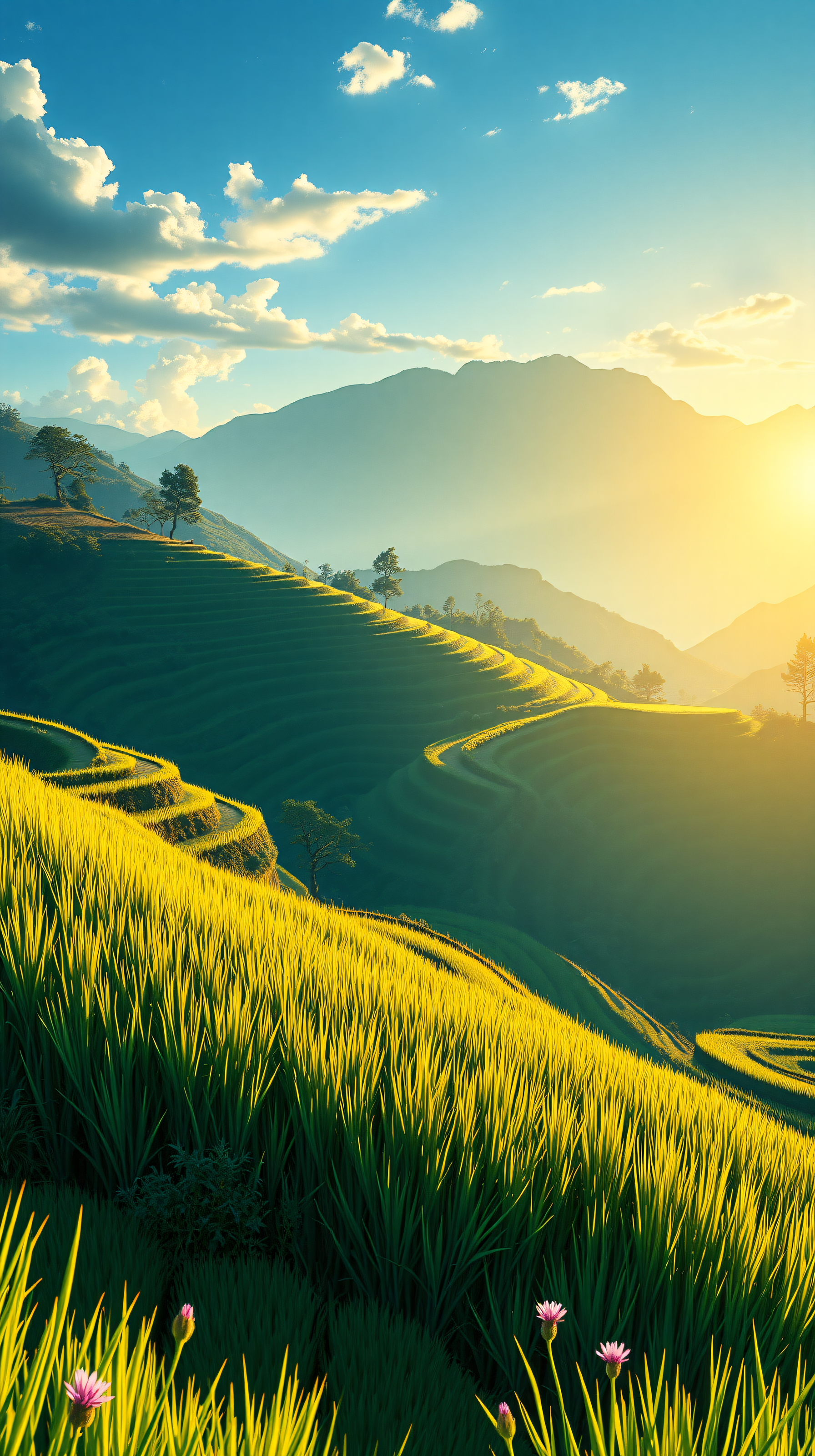 Golden Hour Terraced Rice Fields Mountain Landscape, terraced fields, golden hour, mountain landscape, nature wallpaper, vibrant green, sunrise