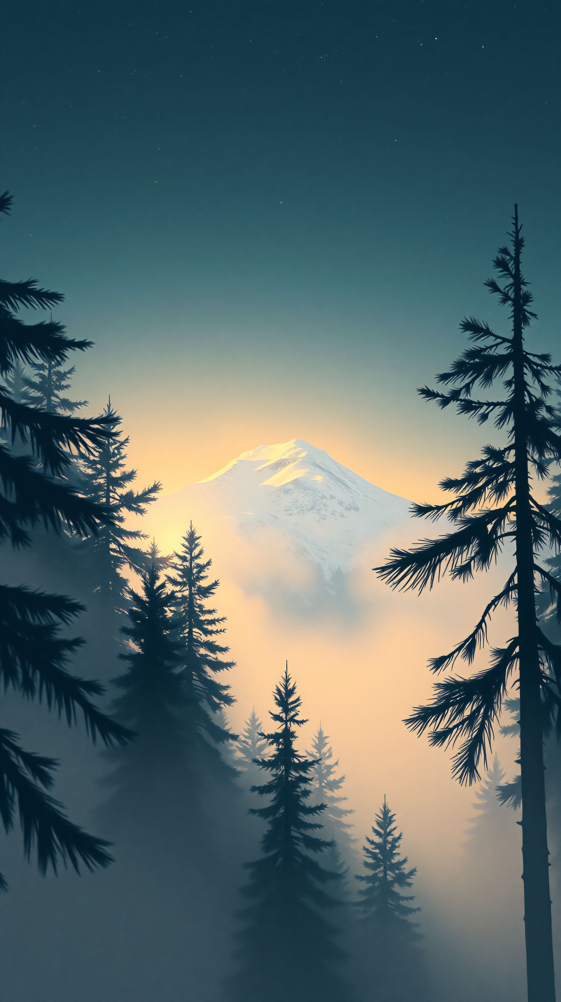 Majestic Starry Mountain Forest Dawn Wallpaper, mountain, snow, forest, pine trees, dawn, night sky