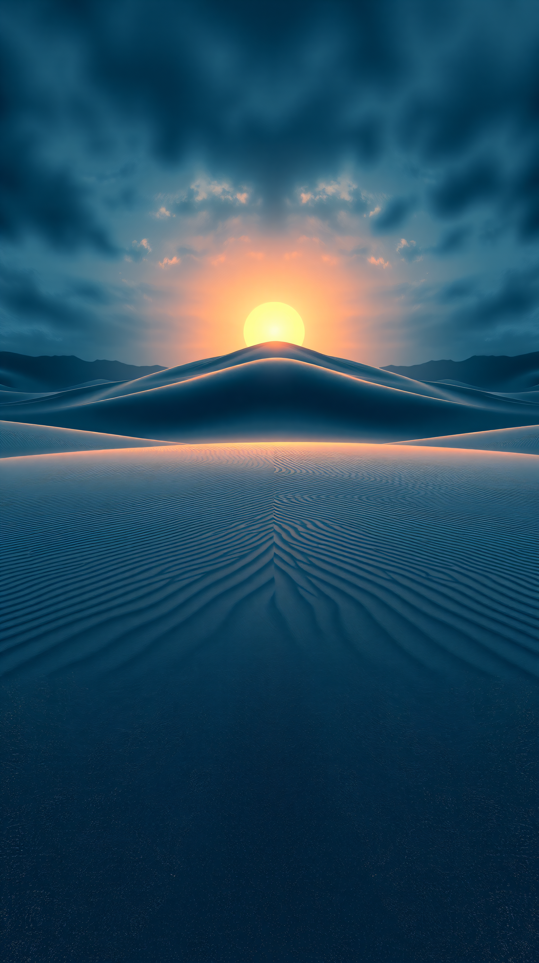 Surreal Blue Desert Dunes Sunset Wallpaper, desert, dunes, sunset, blue sand, orange sun, surreal