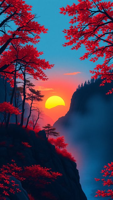 Vibrant Red Maple Autumn Mountain Sunset Wallpaper