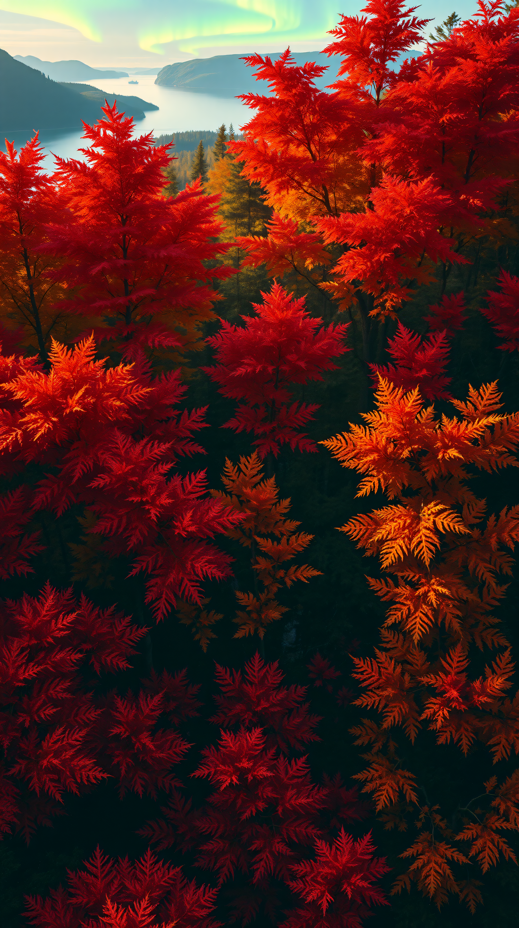 Vibrant Autumn Leaves Fjord Aurora Landscape Wallpaper, autumn, leaves, red, orange, nature, fjord