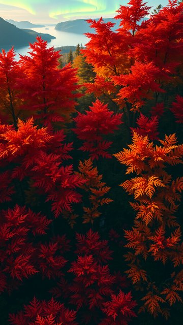 Vibrant Autumn Leaves Fjord Aurora Landscape Wallpaper