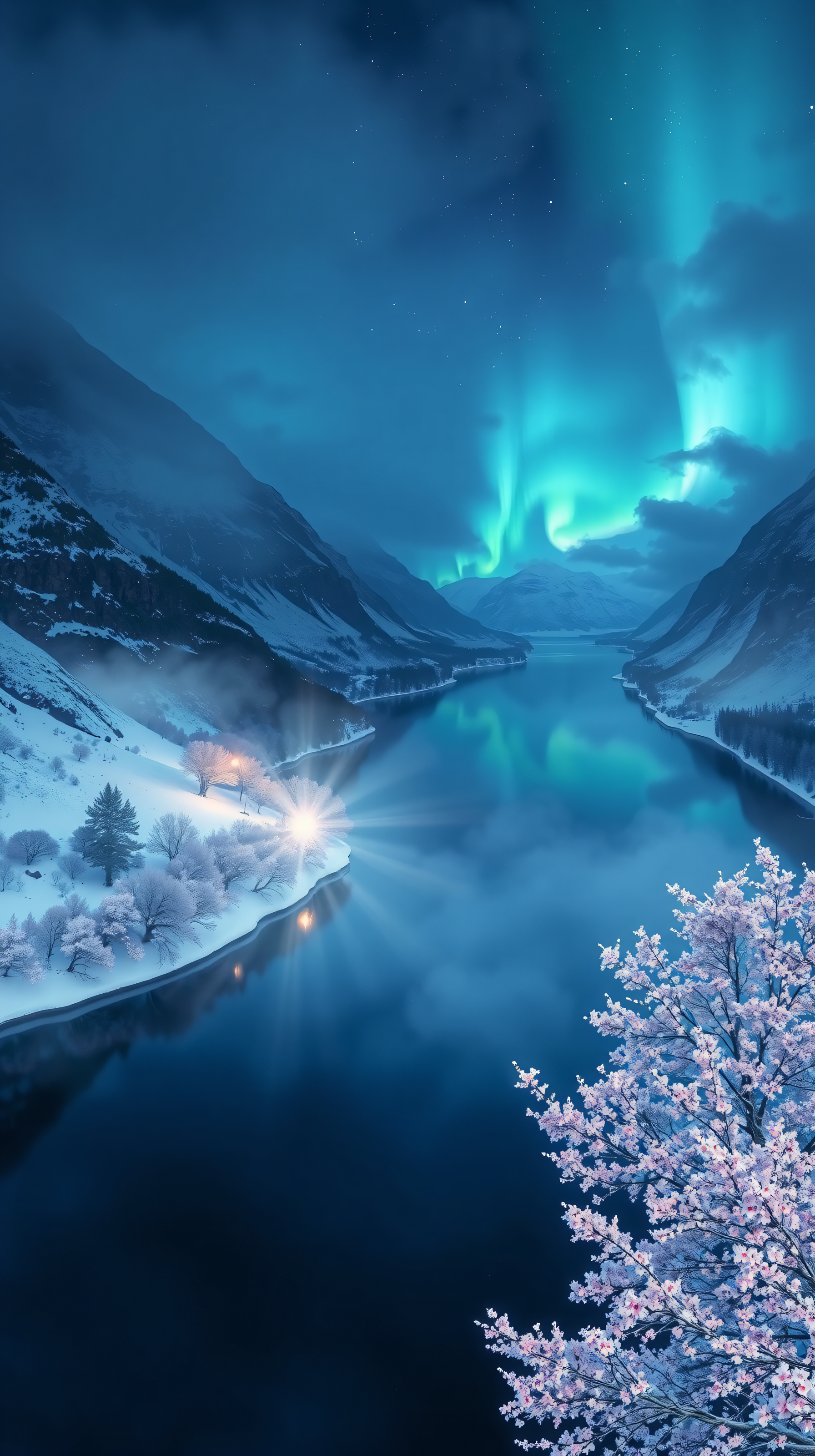 Northern Lights Winter Fjord with Cherry Blossoms, northern lights, aurora borealis, winter, fjord, snow, mountains