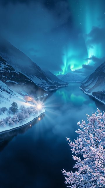 Northern Lights Winter Fjord with Cherry Blossoms