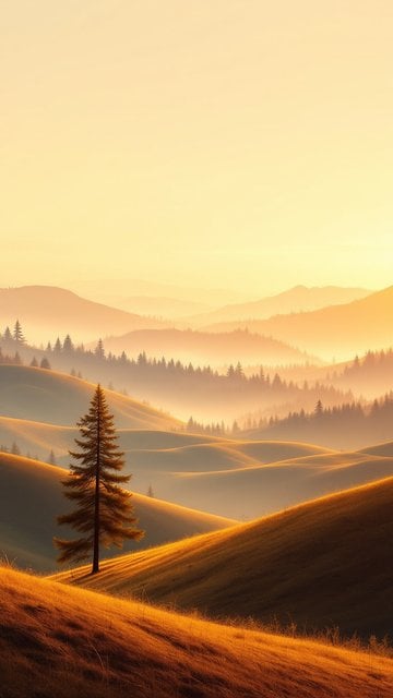 Golden Sunset Hills & Misty Forest Wallpaper