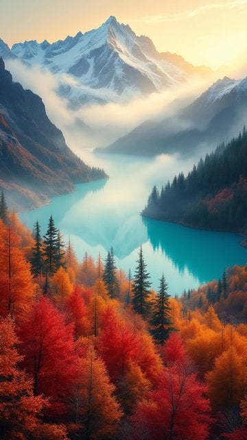 Autumn Mountain Lake Sunset with Colorful Trees