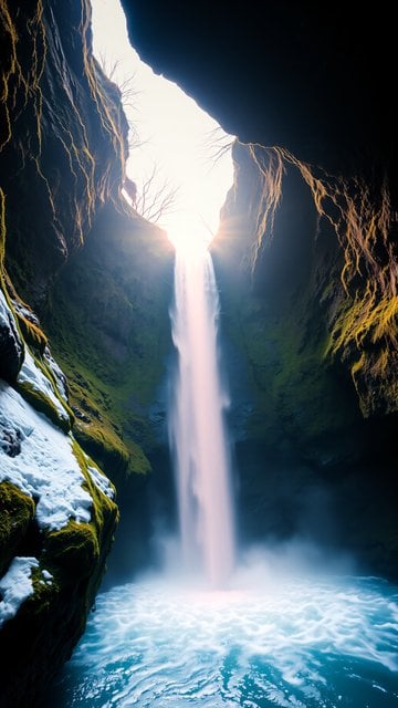 Mystical Canyon Waterfall with Golden Light