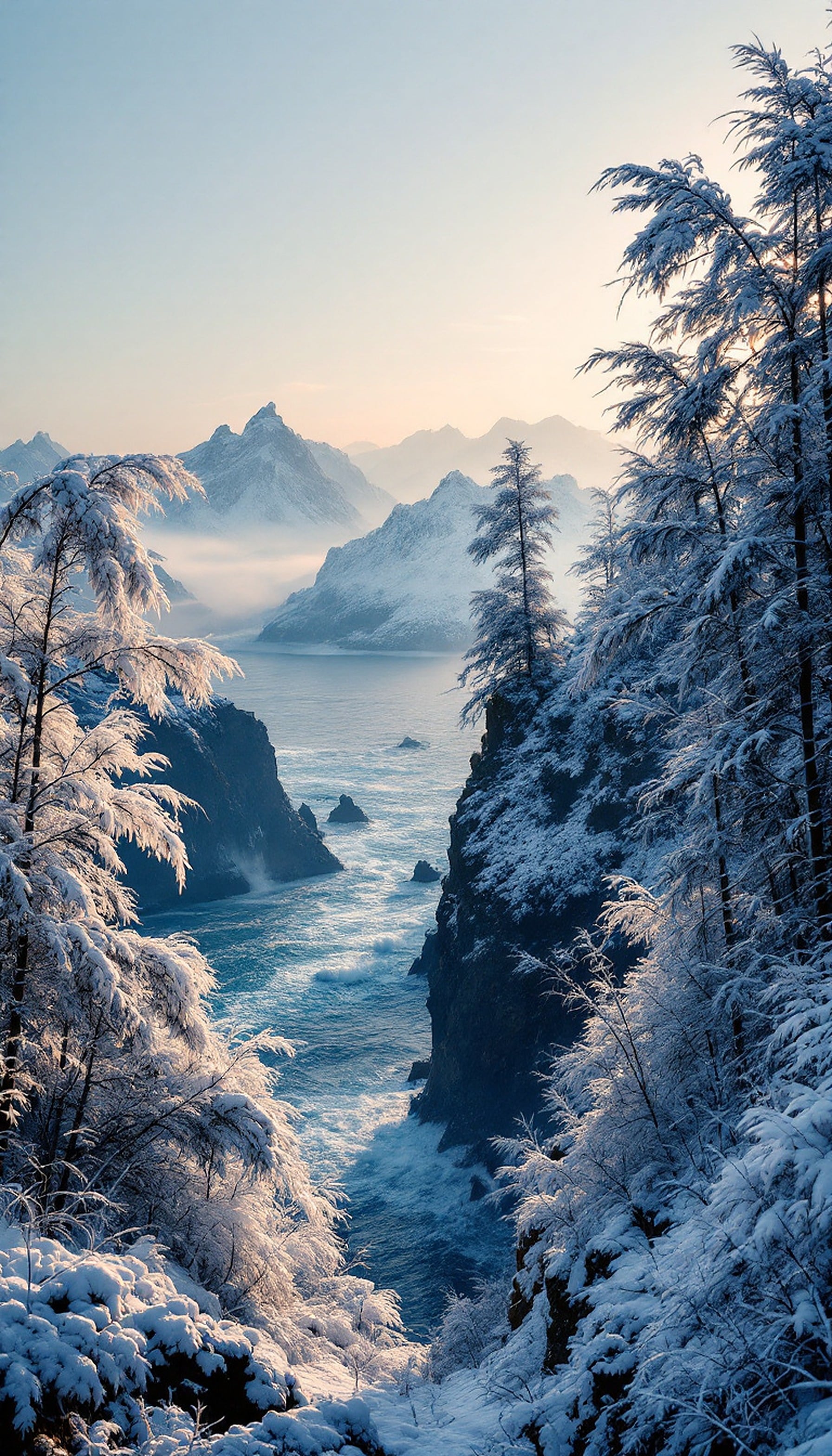 Snowy Ocean Gorge at Misty Sunrise, snowy landscape, winter ocean, coastal gorge, sunrise, misty mountains, nature wallpaper