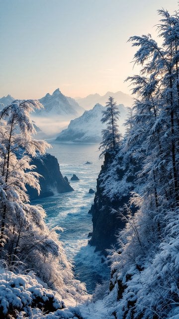 Snowy Ocean Gorge at Misty Sunrise