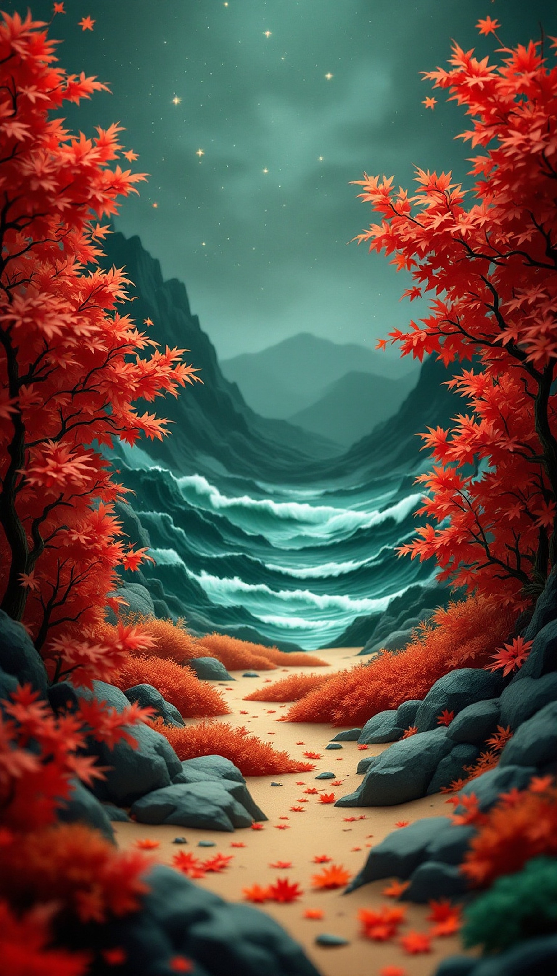 Fantasy Autumn Valley with Wavy Sea & Stars, fantasy valley, autumn leaves, maple trees, wavy sea, starry sky, mystical mountains