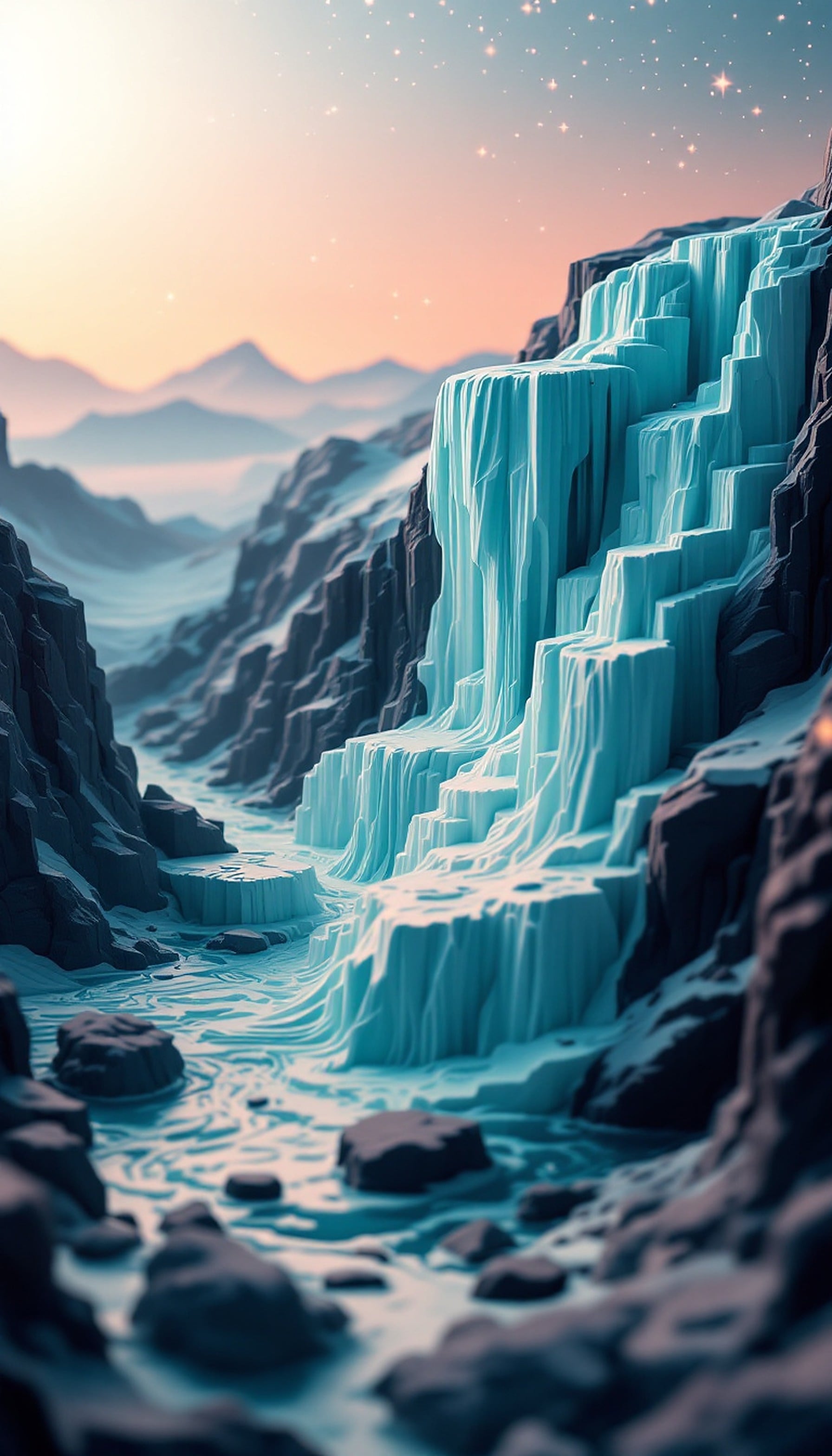 Dreamy Icy Waterfall Fantasy Landscape Wallpaper, icy waterfall, fantasy landscape, mountain valley, dreamy art, turquoise ice, pink sky