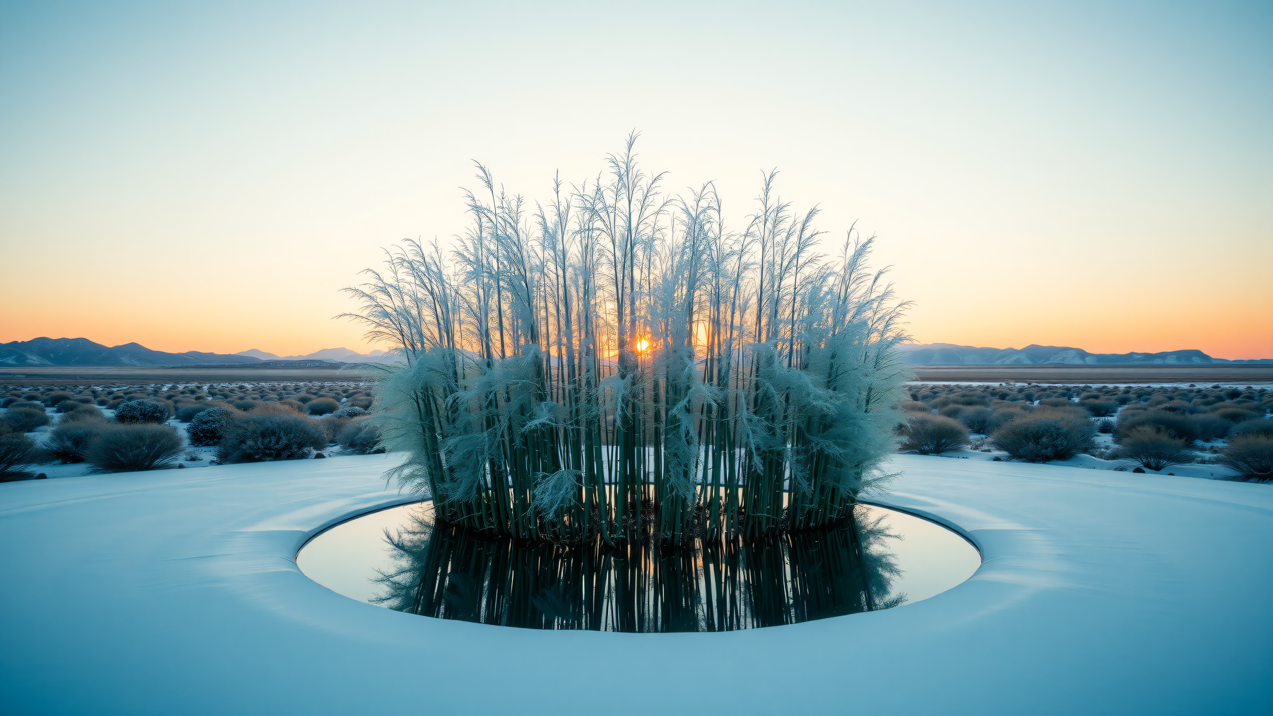Winter Sunset Reed Pond Landscape Wallpaper, winter sunset, nature wallpaper, frozen reeds, calm pond, snow landscape, iphone wallpaper