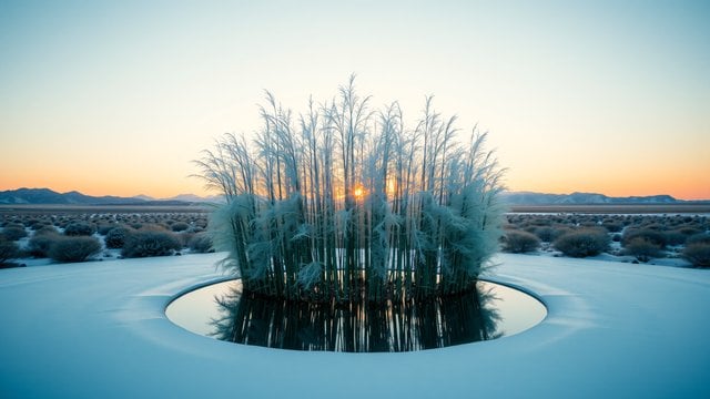 Winter Sunset Reed Pond Landscape Wallpaper