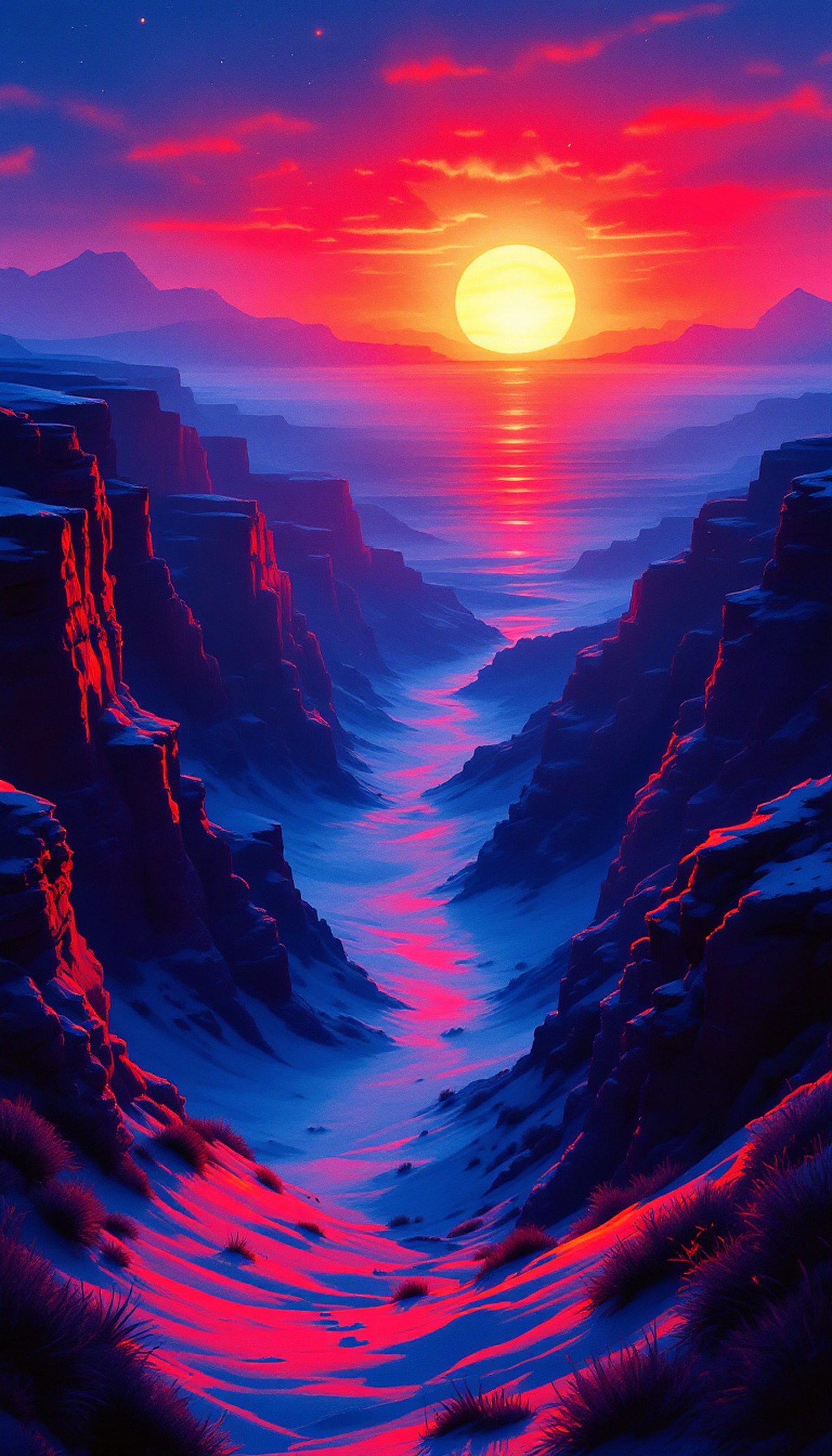Neon Sunset Canyon Valley Dream, neon sunset, canyon, valley, fantasy landscape, pink, blue