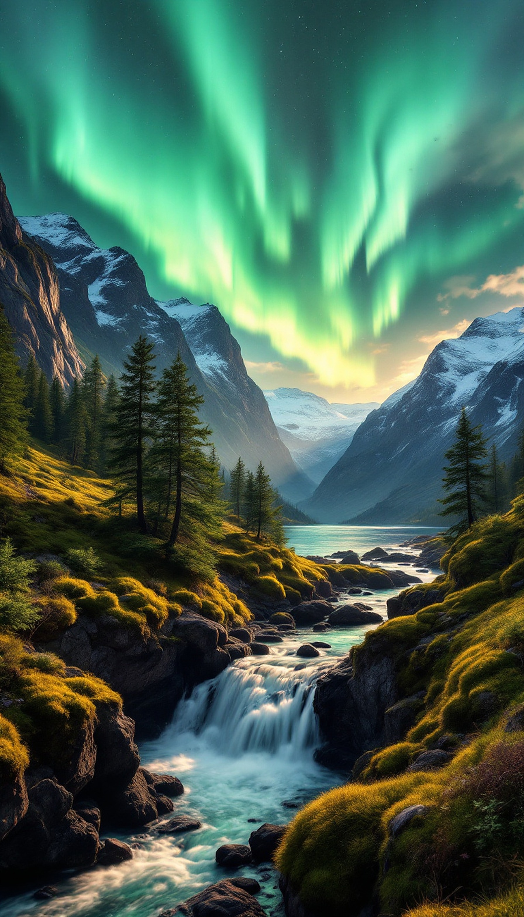Mountain Waterfall Aurora Borealis Northern Lights, aurora borealis, northern lights, mountain landscape, waterfall, river, nature
