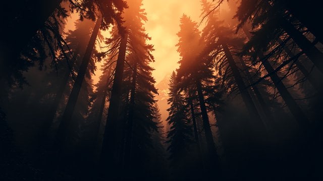 Misty Forest Sunset Pine Trees