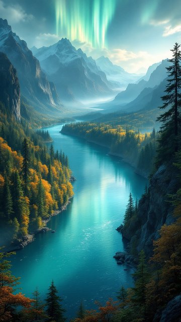 Aurora over Mountain Valley River Wallpaper