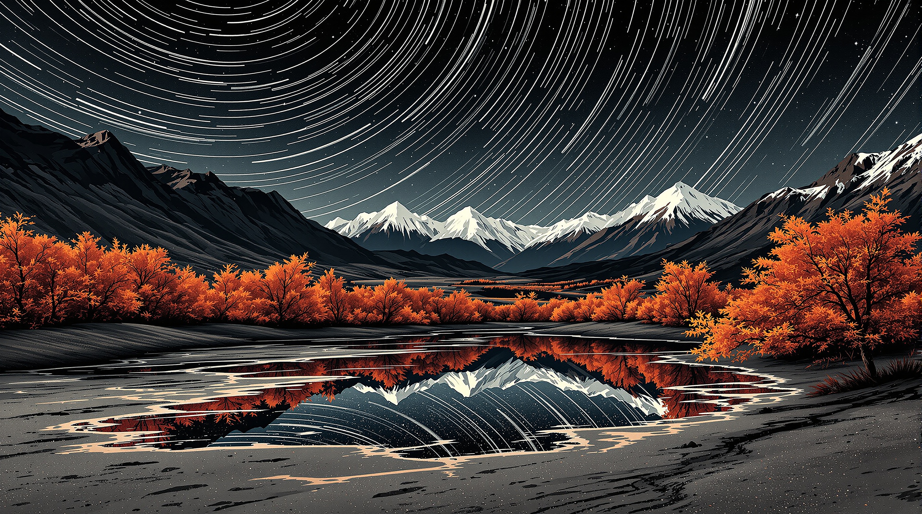 Star Trails over Autumn Mountains & Lake Reflection, star trails, night sky, autumn trees, mountain lake, reflection, nature wallpaper
