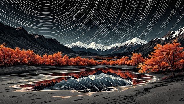 Star Trails over Autumn Mountains & Lake Reflection