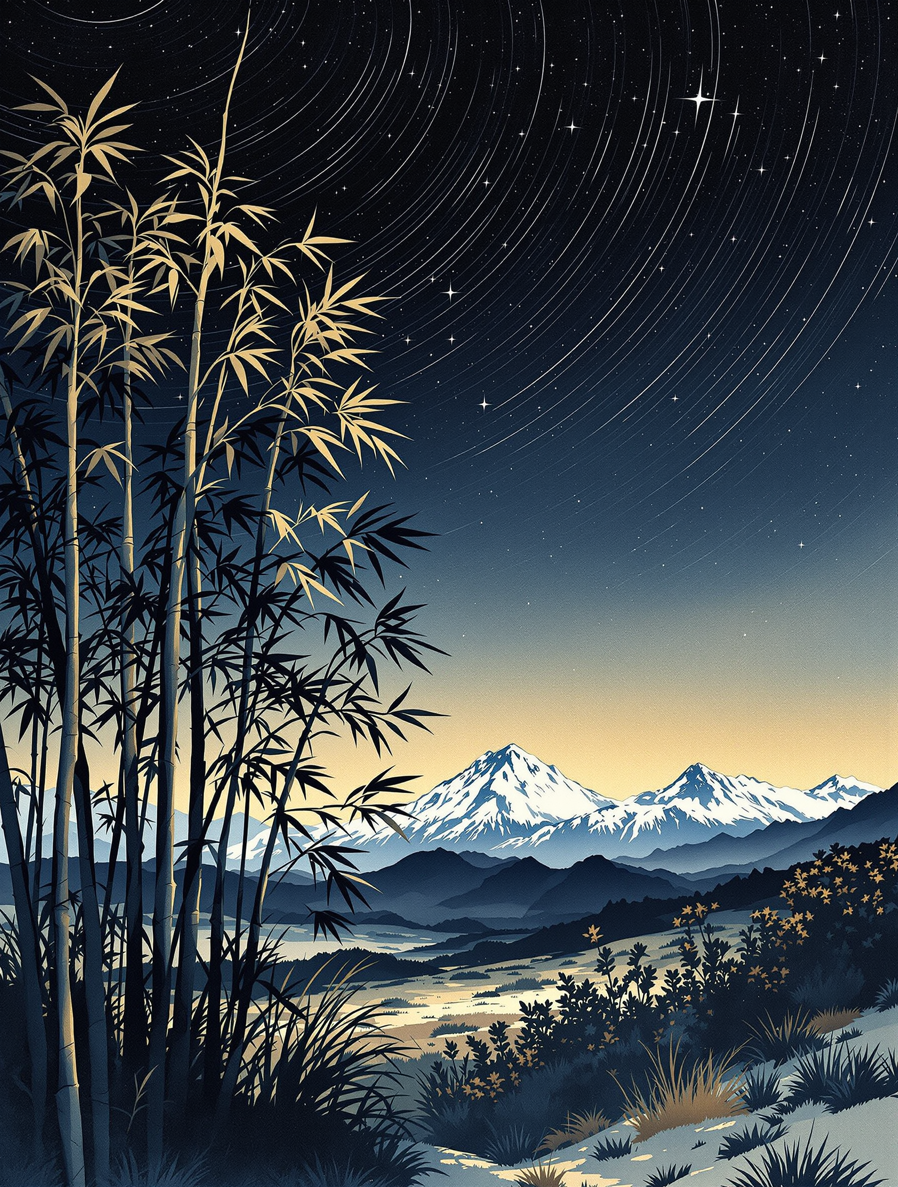 Starry Night Bamboo Mountains Landscape, starry night, bamboo forest, mountain landscape, night sky, star trails, japanese art