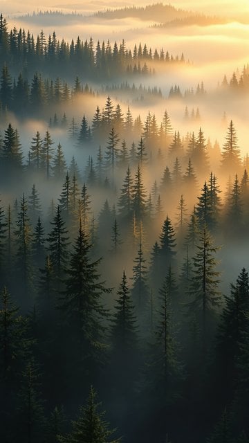 Misty Pine Forest at Golden Hour Wallpaper