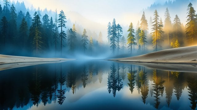 Misty Lake Forest Sunrise Reflection Wallpaper