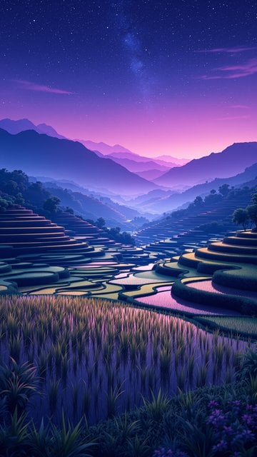 Starry Night Rice Terraces & Mountain Landscape