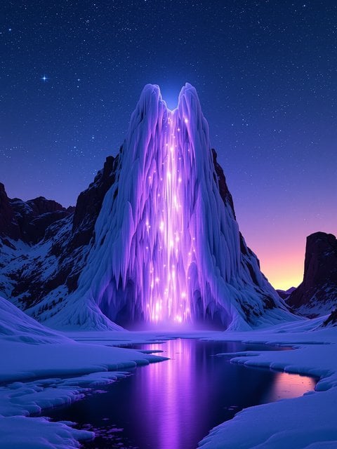 Mystic Ice Mountain Waterfall Starry Night