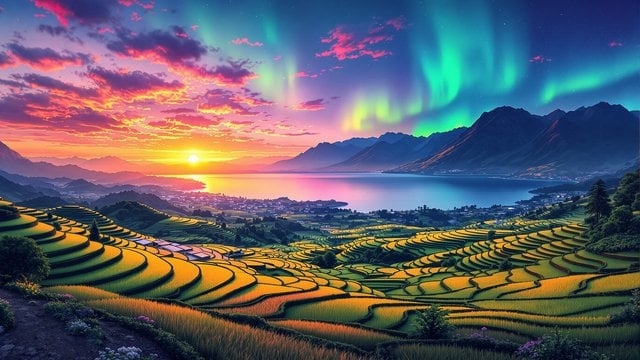 Aurora Sunset over Terraced Fields & Lake