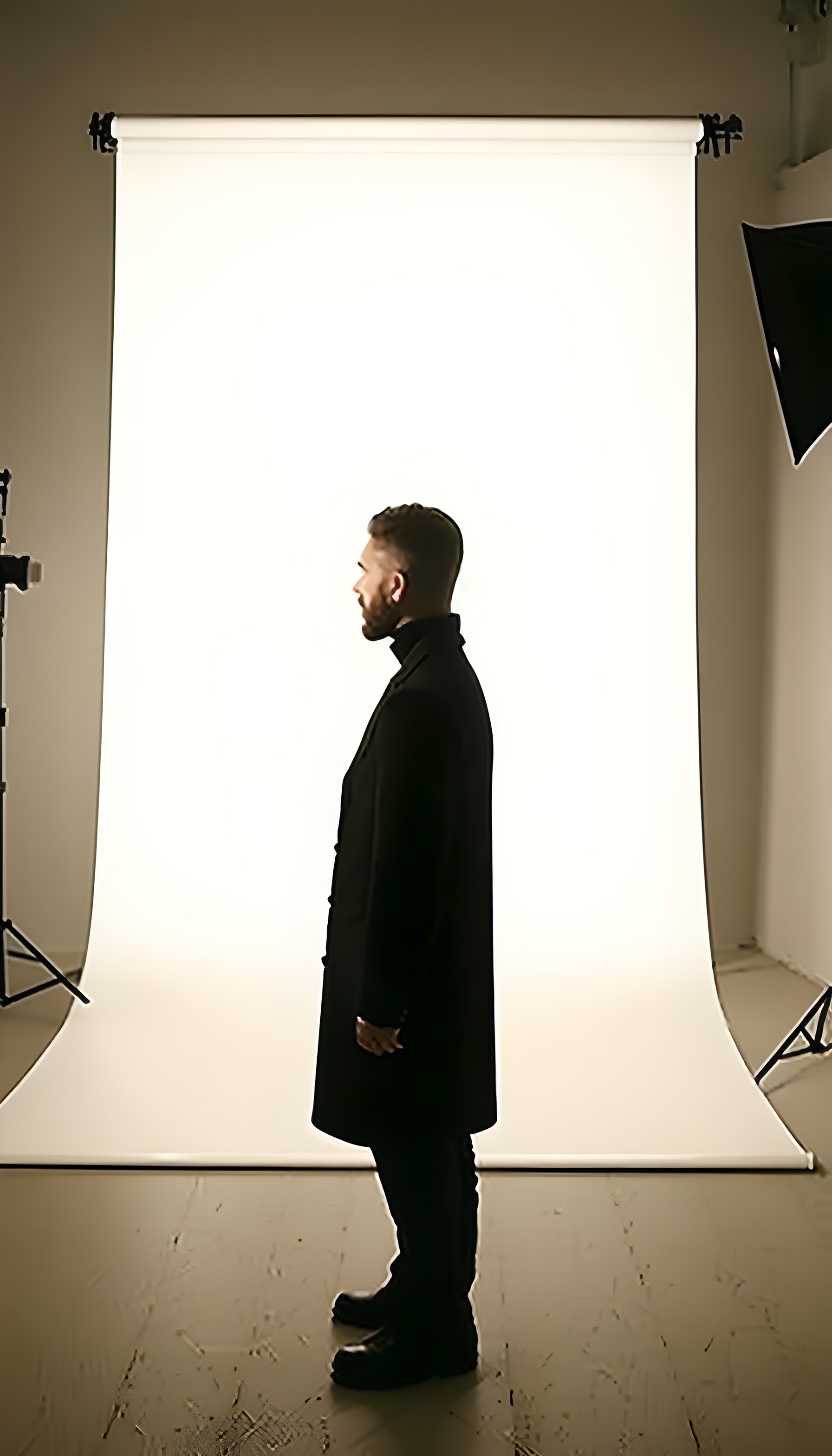Stylish Man Profile Studio Portrait Minimalist Wallpaper, man, profile portrait, black coat, studio shot, minimalist, fashion aesthetic
