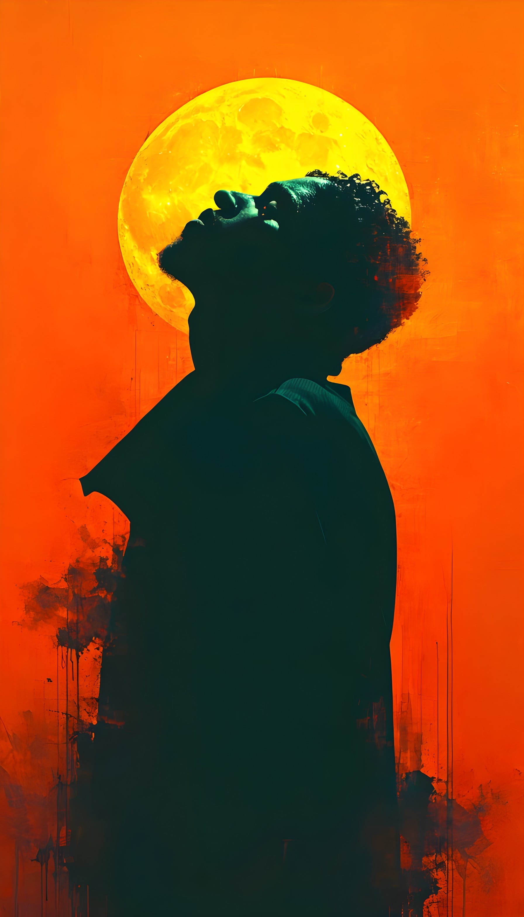 Dramatic Orange Moon Silhouette Art Wallpaper, silhouette, man, afro, moon, orange, dramatic art
