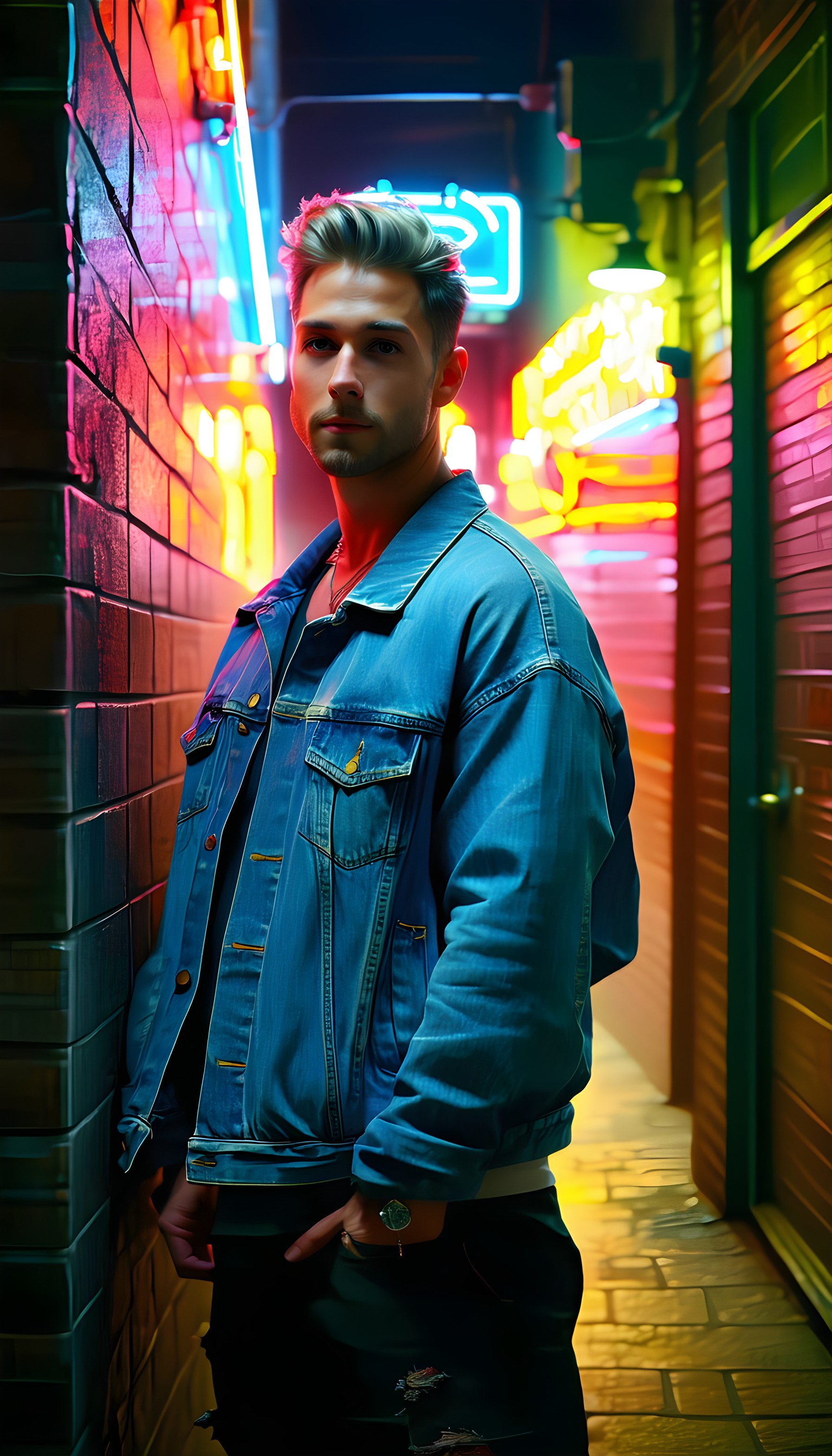 Neon City Alley Portrait - Denim Street Style, neon lights, urban aesthetic, city night, denim jacket, street style, men's fashion