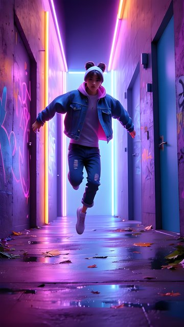 Vibrant Neon Alley Jump: Youthful Urban Aesthetic