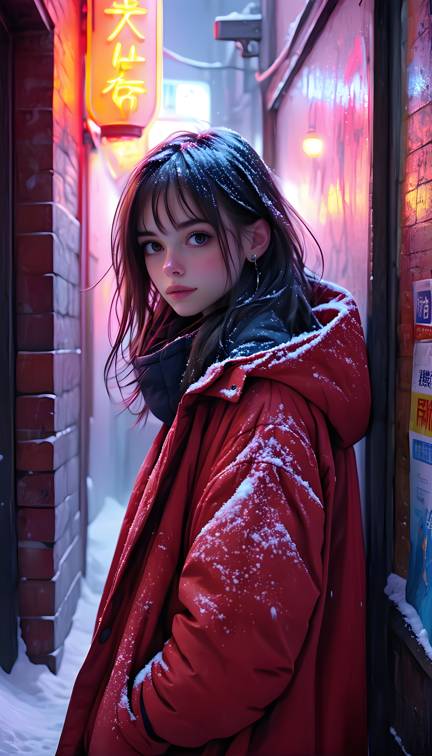 Neon Winter Alley Portrait - Aesthetic Anime Girl, urban, neon, winter, snow, alley, anime girl