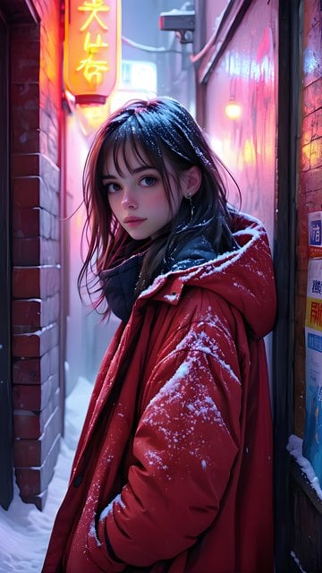 Neon Winter Alley Portrait - Aesthetic Anime Girl