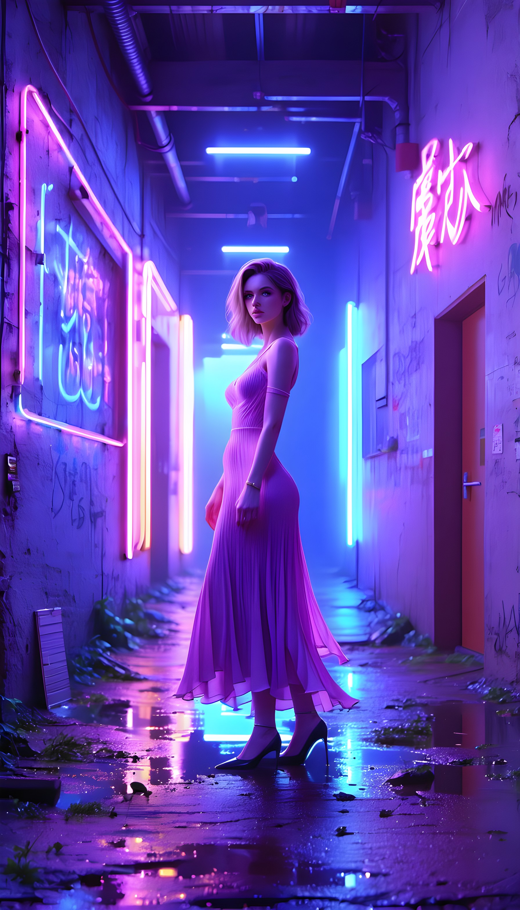 Neon Alley Woman Cyberpunk Mobile Wallpaper, cyberpunk, neon lights, urban alley, woman, aesthetic, purple