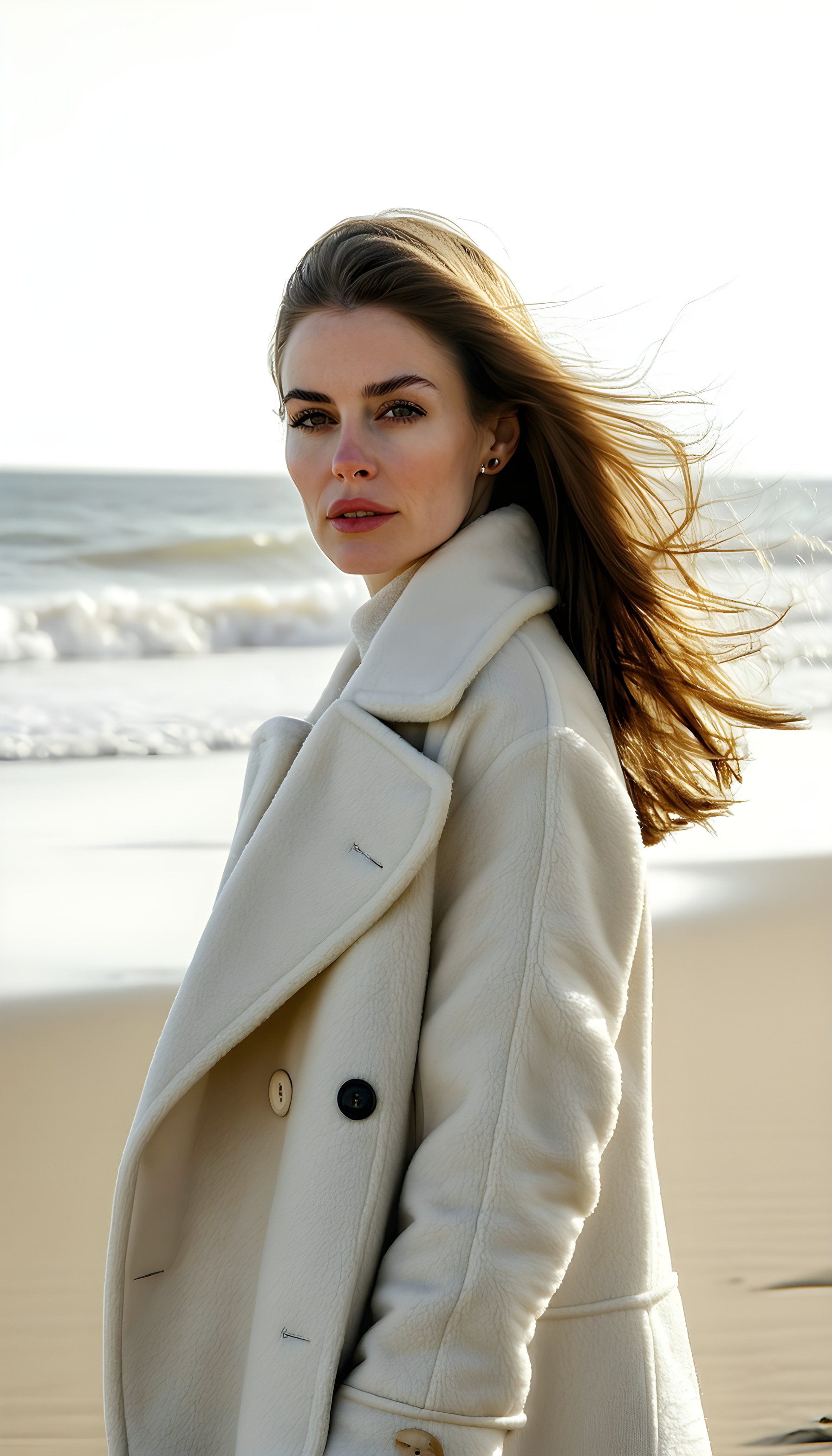 Elegant Woman Portrait, Cream Coat on Breezy Beach, woman, portrait, beach, elegant, fashion, cream coat