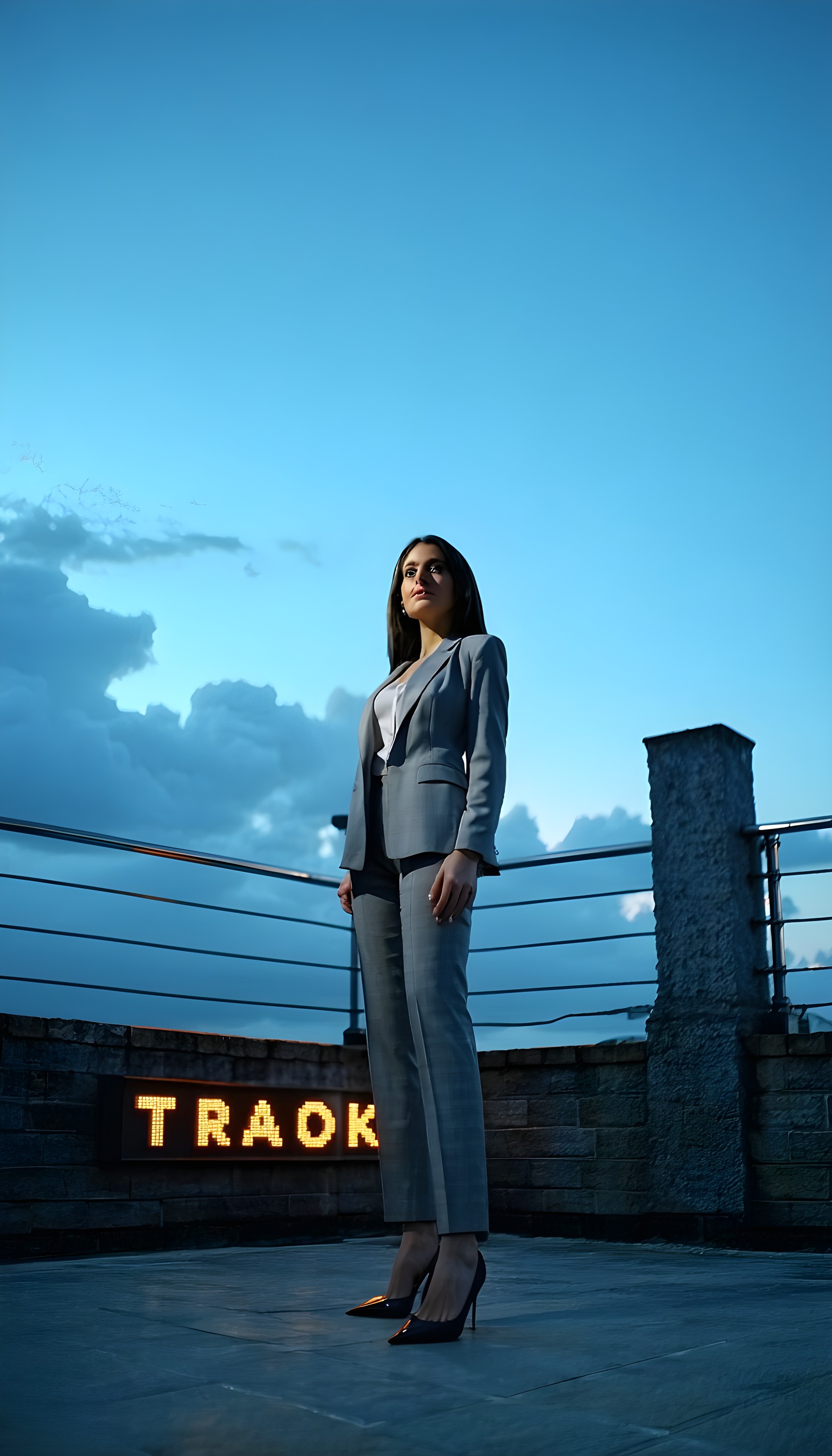 Confident Executive Blue Sky Dream Mobile Wallpaper, businesswoman, executive, professional, grey suit, blue sky, rooftop