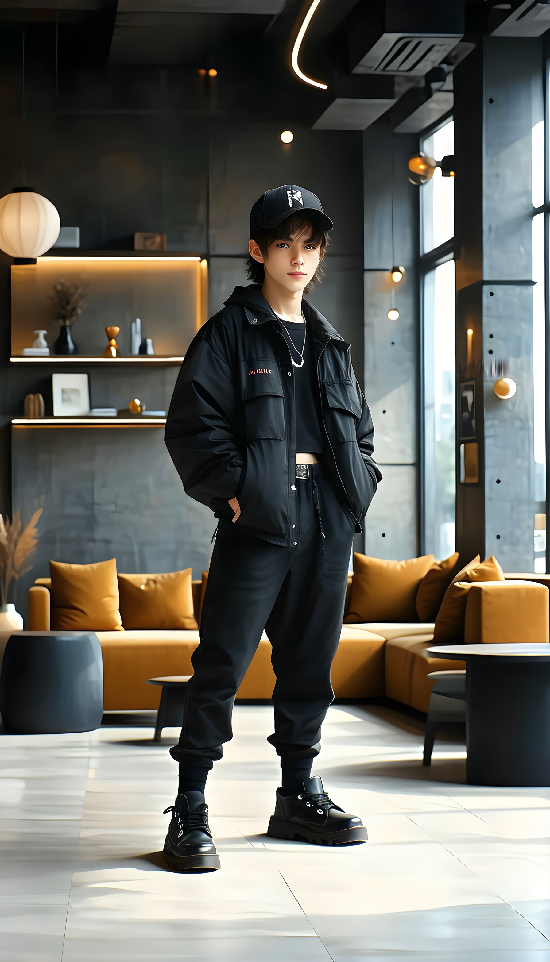 Stylish Urban Youth in Modern Chic Interior, urban fashion, streetwear, modern interior, aesthetic wallpaper, black outfit, stylish youth