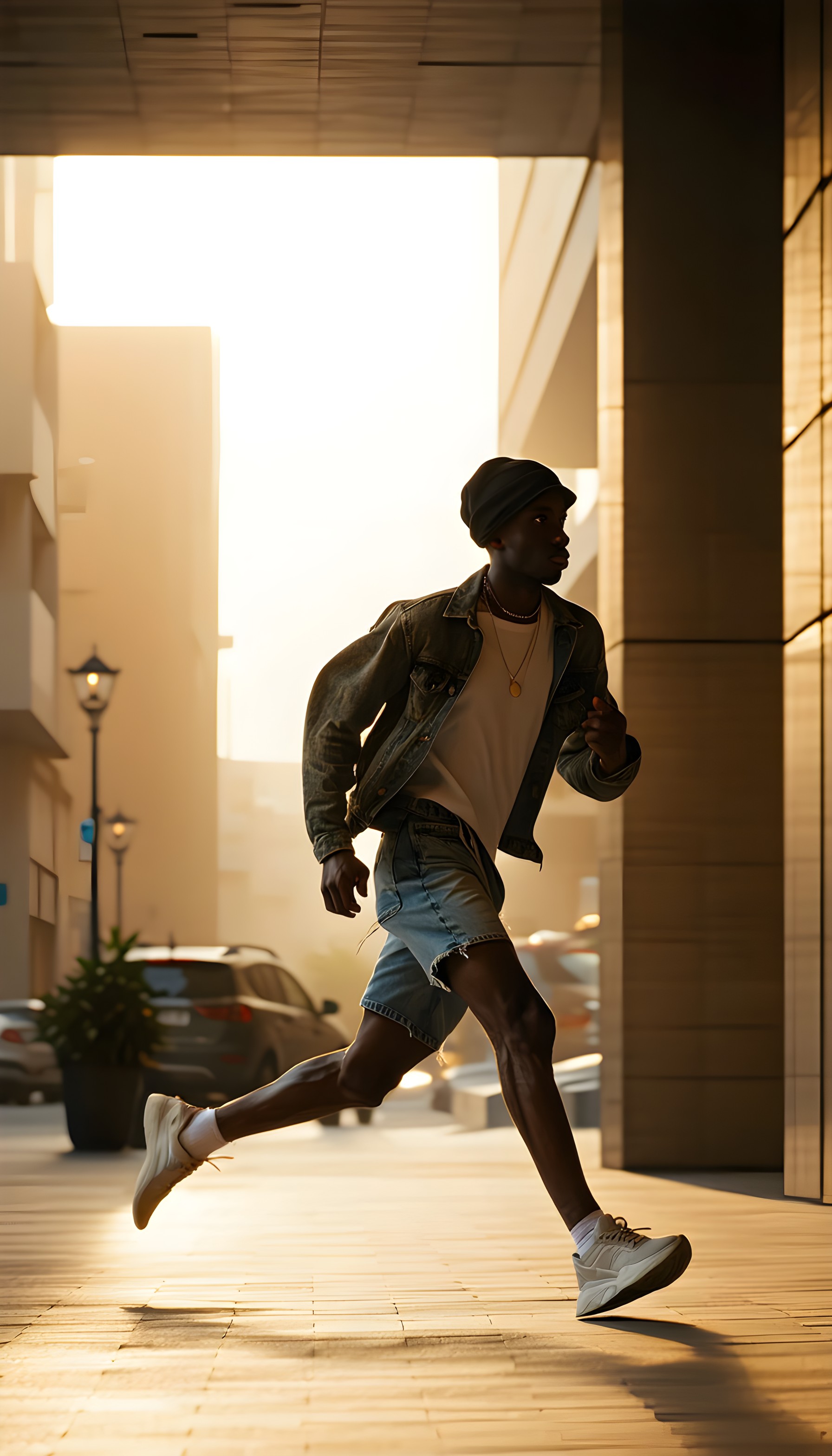 Golden Hour Urban Runner Dynamic Street Scene, man, running, urban, street, golden hour, dynamic