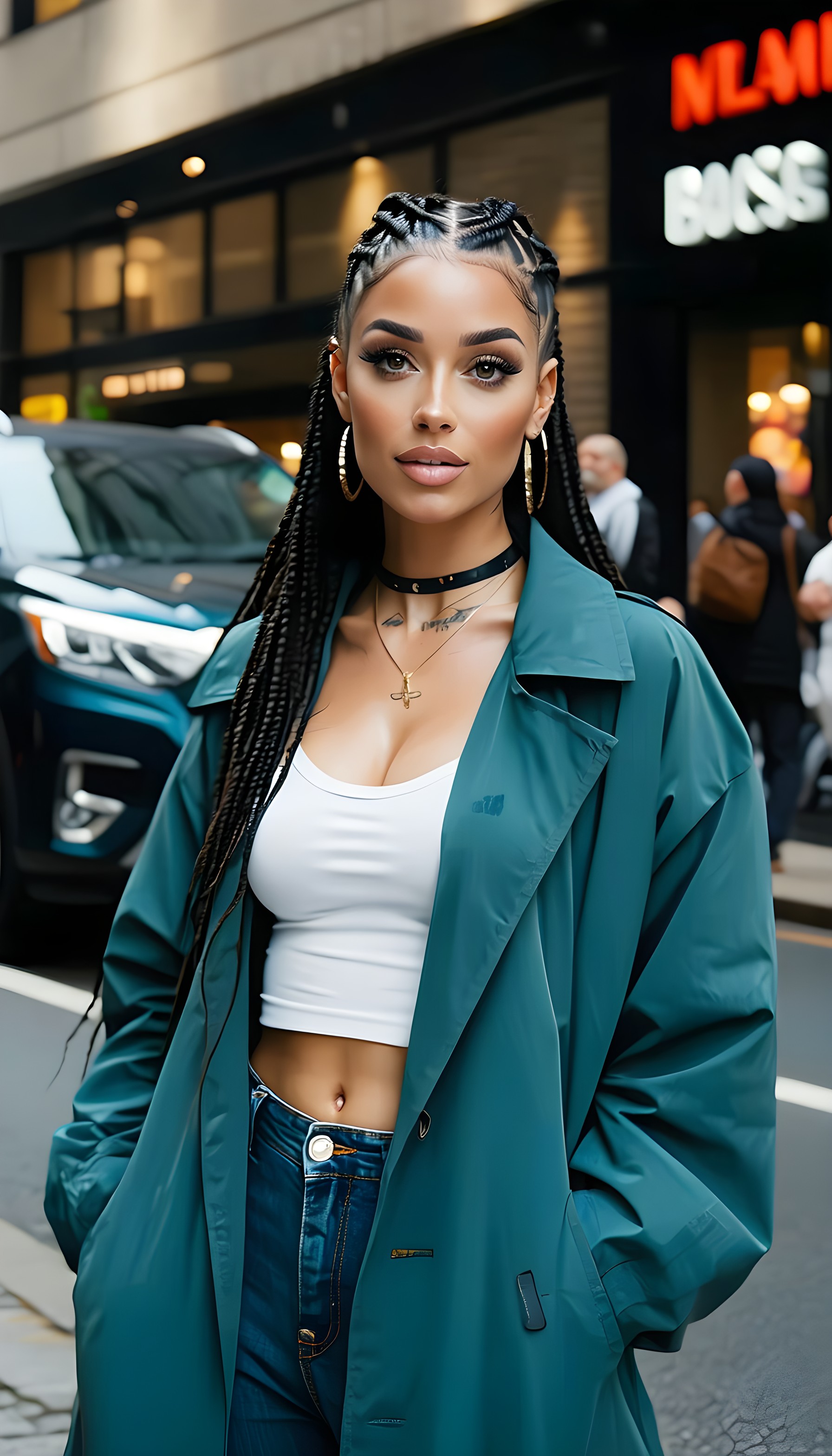 Stylish Woman Braids Teal Coat Urban Street Style, stylish woman, braids, teal coat, urban fashion, street style, fashion portrait