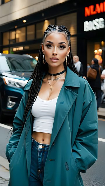 Stylish Woman Braids Teal Coat Urban Street Style