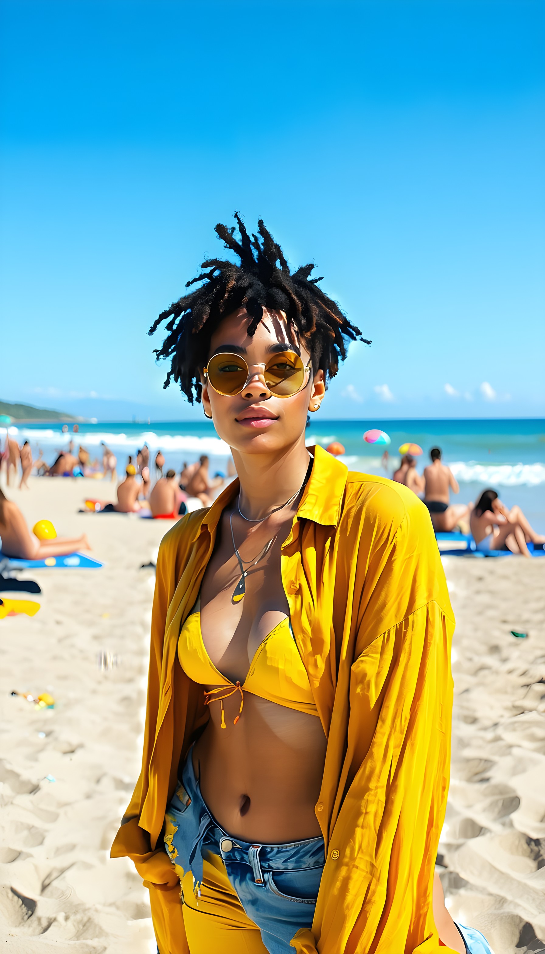 Stylish Woman with Dreadlocks on Sunny Beach, beach, summer, woman, dreadlocks, sunglasses, yellow fashion