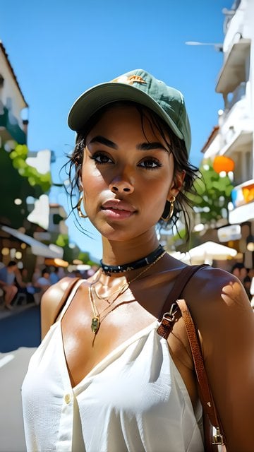 Stylish Woman in Green Cap on Sunny Street