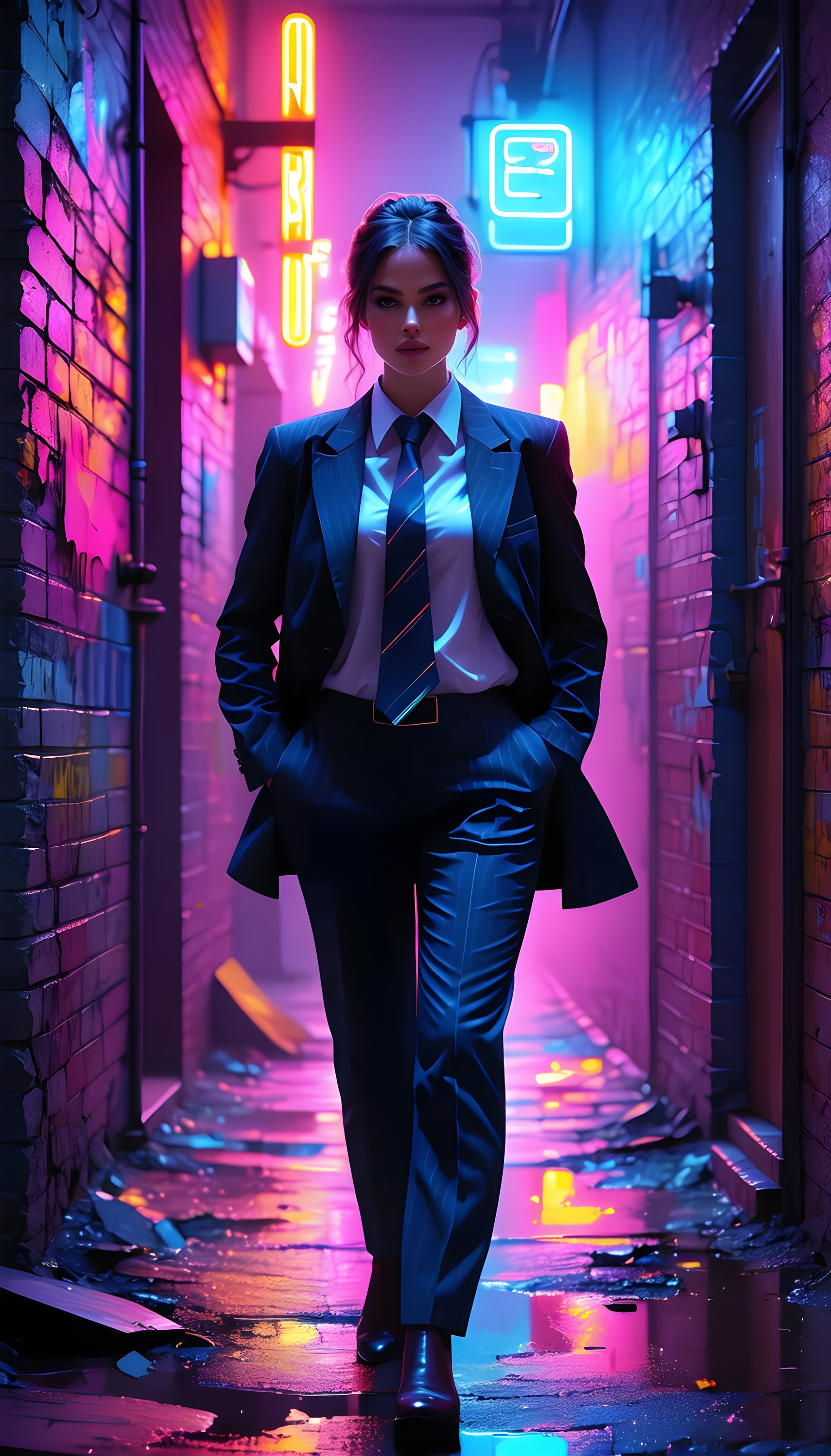 Stylish Woman in Neon Cyberpunk City Alley, cyberpunk, neon, city night, stylish woman, urban, futuristic