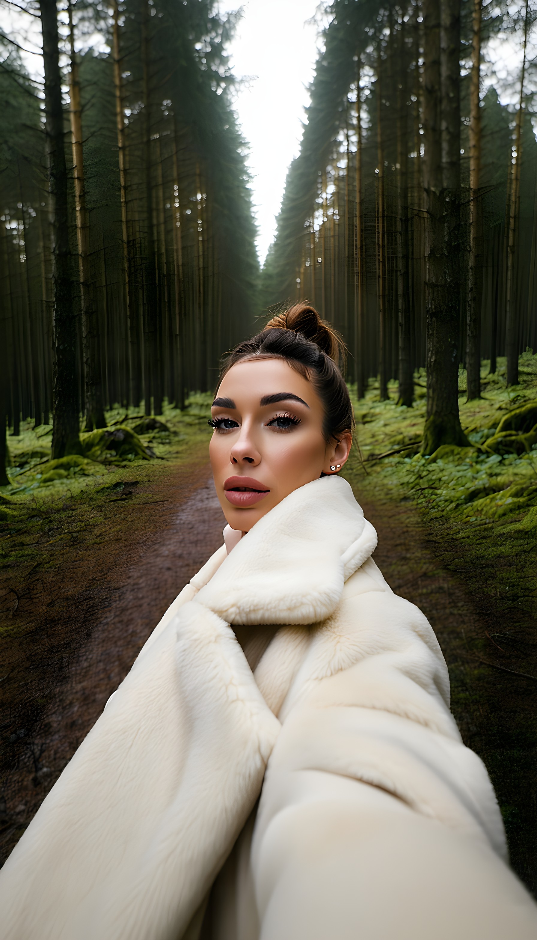 Elegant Woman Selfie in Misty Pine Forest Path, woman, selfie, forest, pine trees, nature, fashion