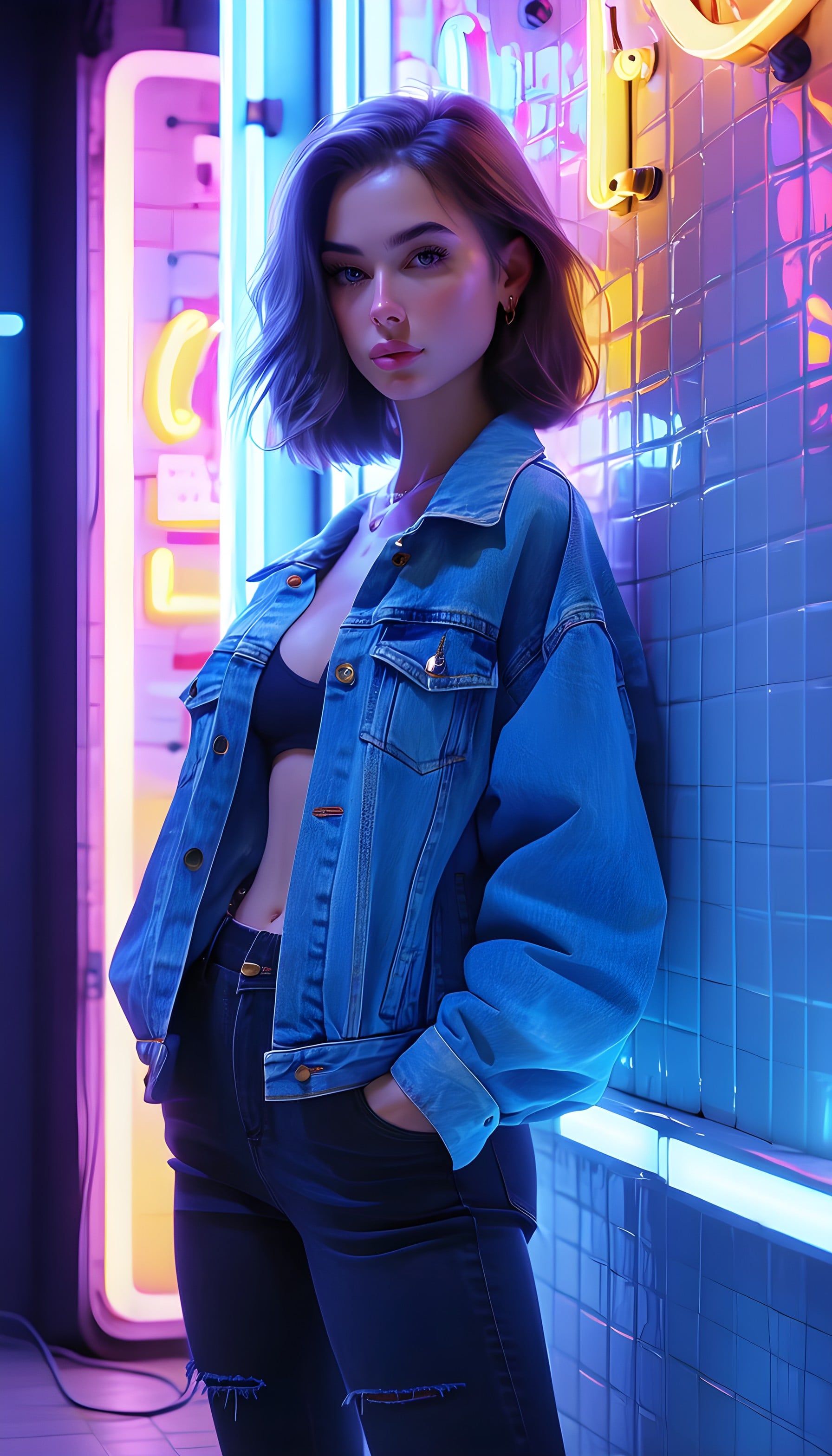 Neon Cyberpunk Girl Aesthetic Mobile Wallpaper, cyberpunk, neon, girl, urban, aesthetic, night